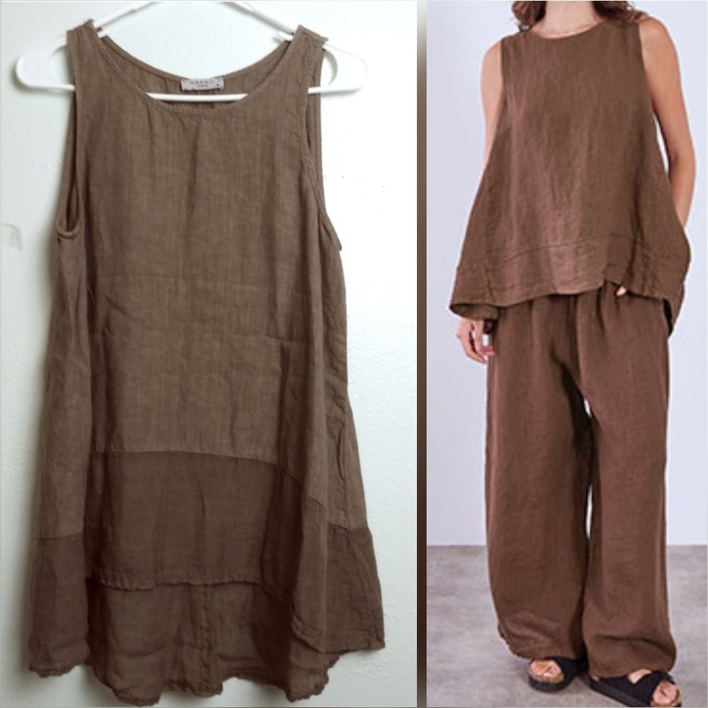 Grand Greece Anthropology Tunic Top Size M Brown 100% Linen Cruise Travel